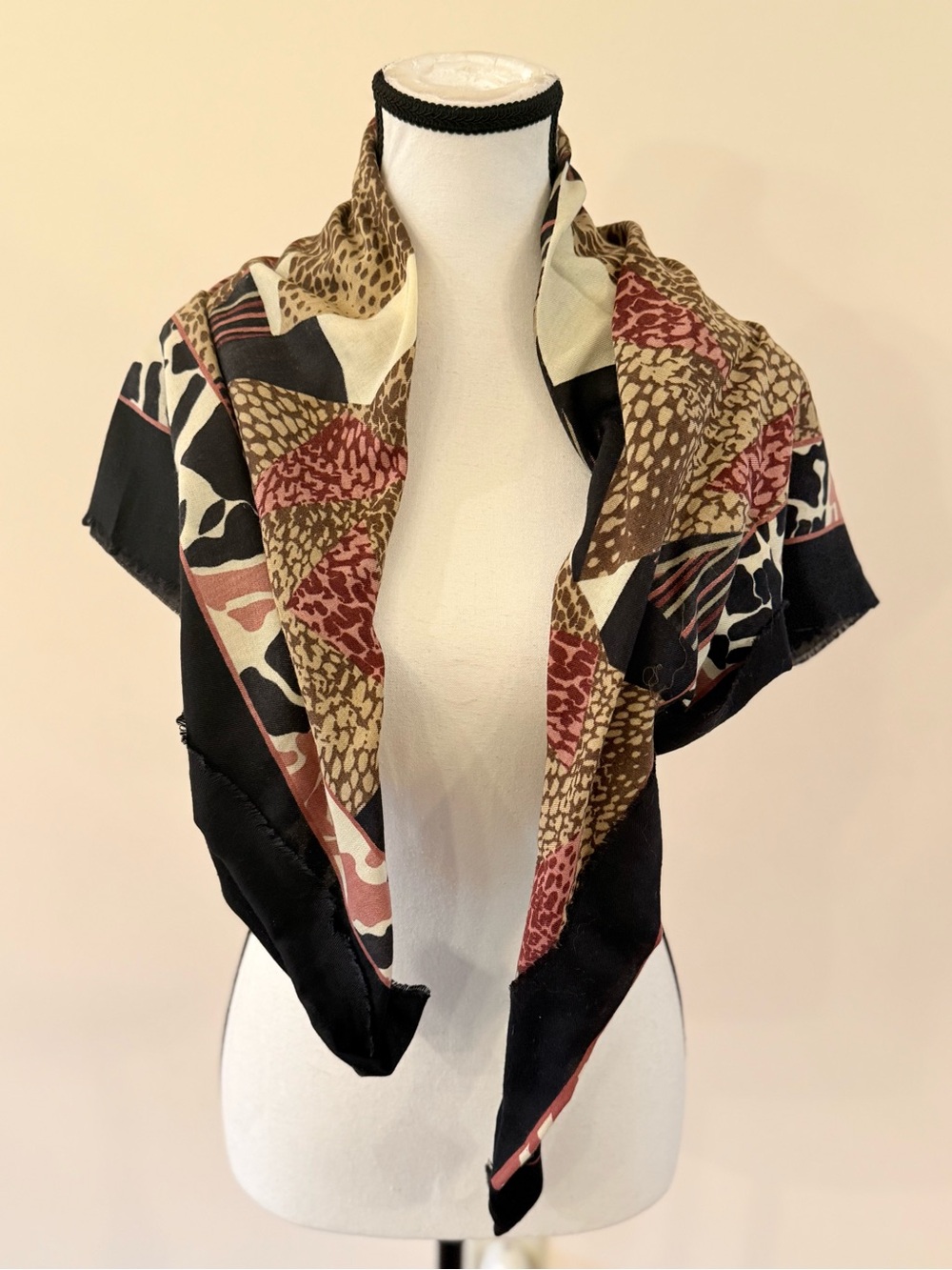 Abstract Animal-Print Lightweight Scarf in Black, Brown & Cream